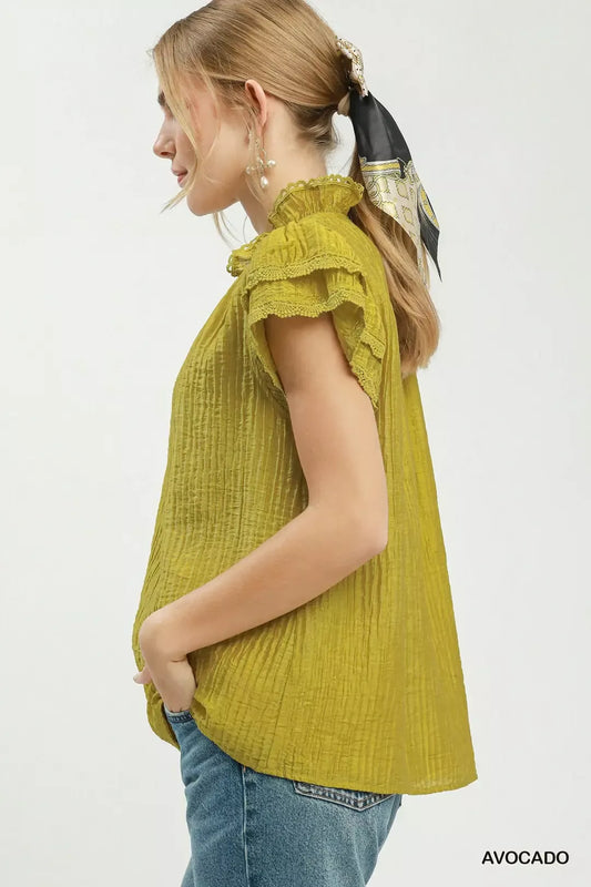 Umgee Lace Trim Ruffle Top (women's shirts & tops) view 2 - shop at us.meeeshop