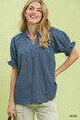 Umgee Chambray Puff Sleeve Scallop Hem Blouse
