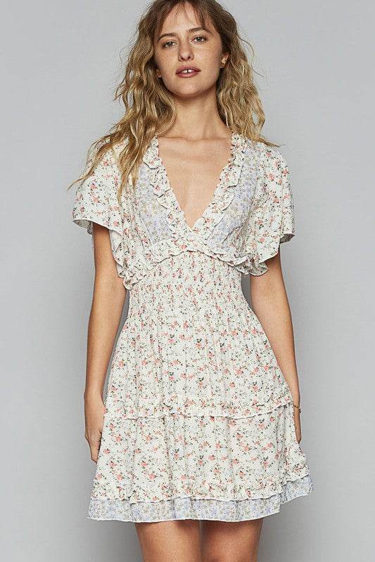 POL Cutout Back Frill Floral V-Neck Short Sleeve Mini Dress - us.meeeshop