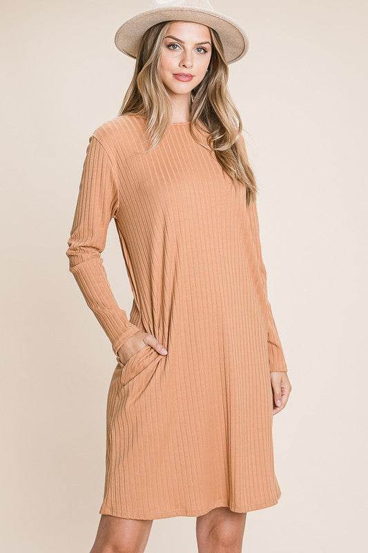 BOMBOM Round Neck Long Sleeve Ribbed Knit Dress - us.meeeshop