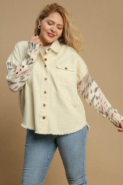 Umgee Distressed Detail Raw Hem Button Up Jacket Plus Size - us.meeeshop