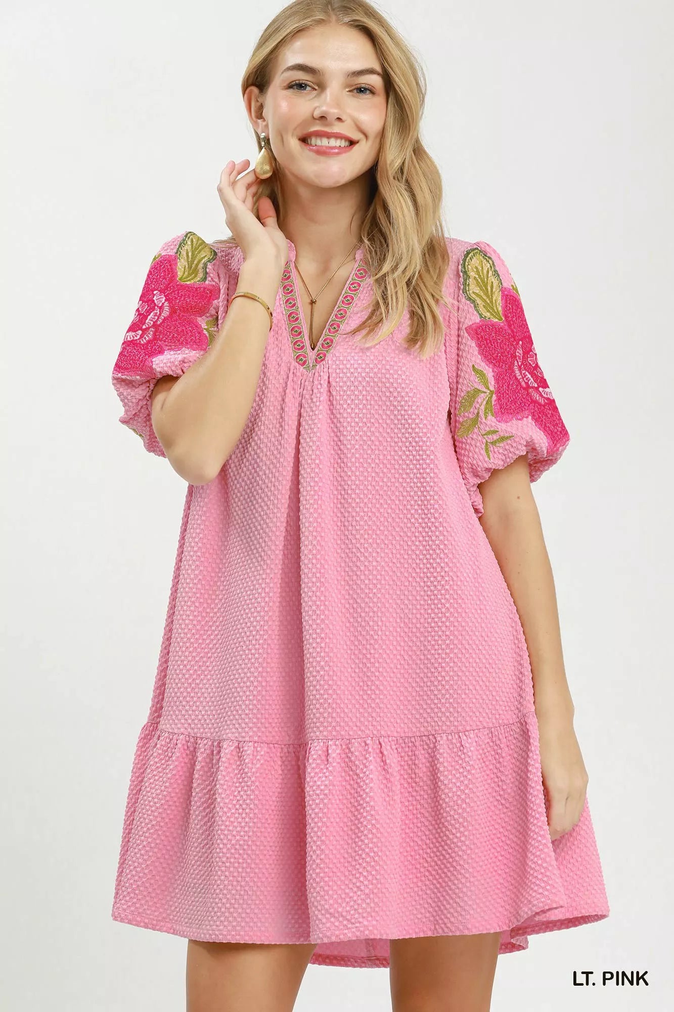 umgee floral embroidered Umgee Floral Embroidered Textured Jacquard Dress LT. PINK (dress) - shop at us.meeeshop