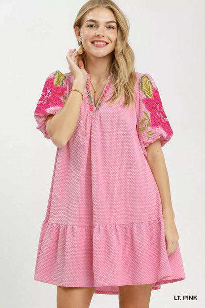 umgee floral embroidered Umgee Floral Embroidered Textured Jacquard Dress LT. PINK (dress) - shop at us.meeeshop