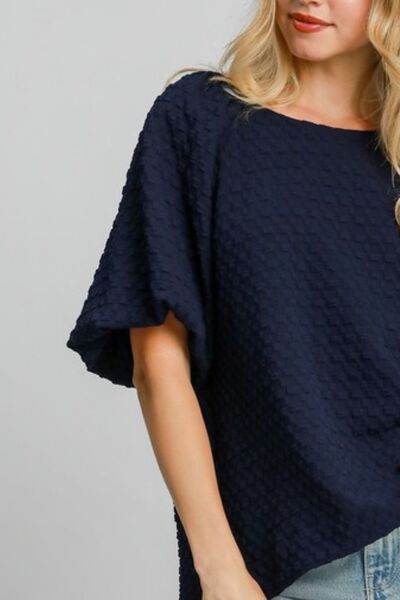 Umgee | Boxy Cut Jacquard Round Neck Top with Side Slit Plus Size - us.meeeshop