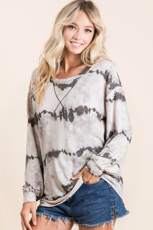 BiBi Tie-Dye French Terry Round Neck Long Sleeve T-Shirt - us.meeeshop