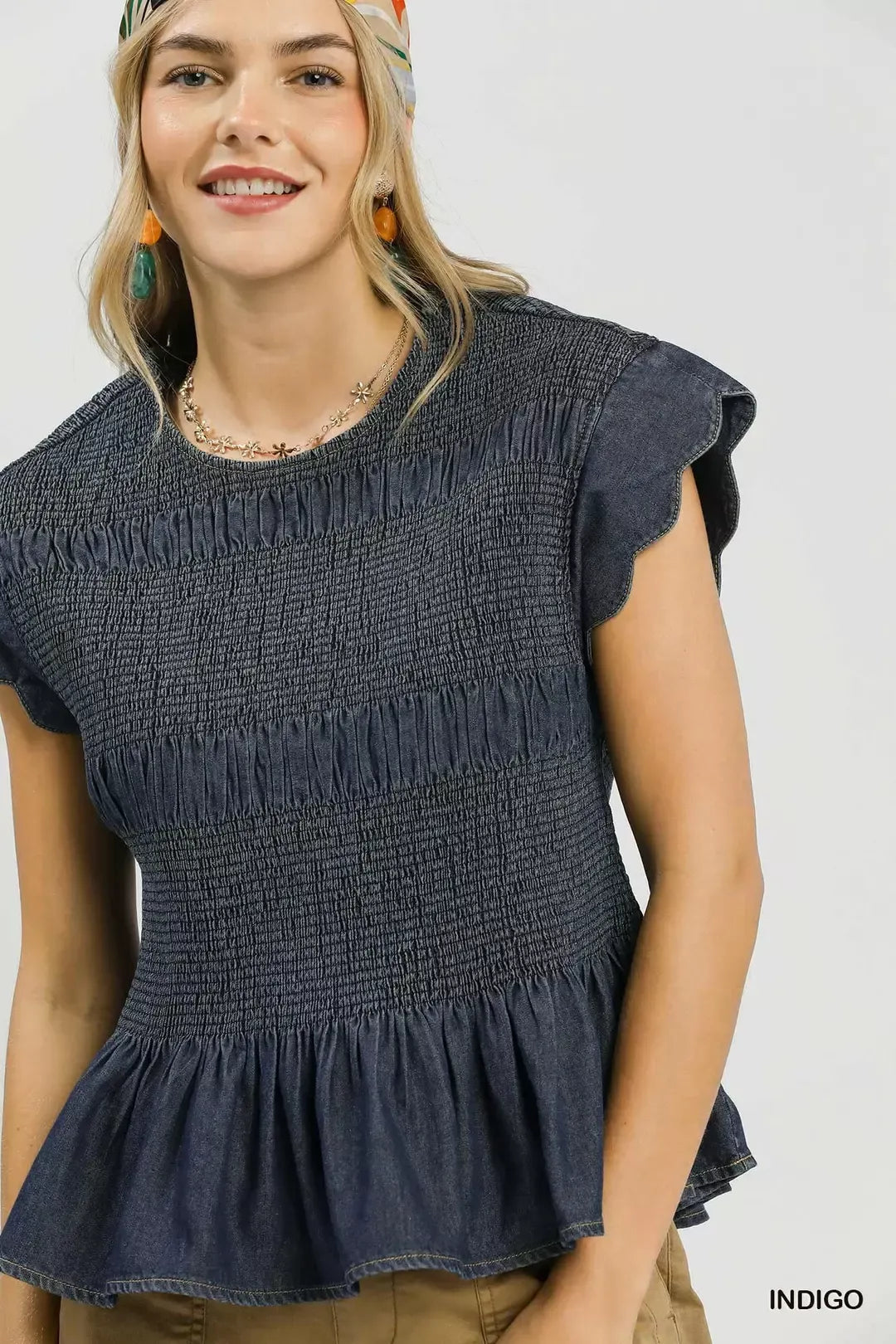 umgee smocked peplum Umgee Smocked Peplum Top with Scalloped Ruffle Cap Sleeves view 4 (top) - shop at us.meeeshop