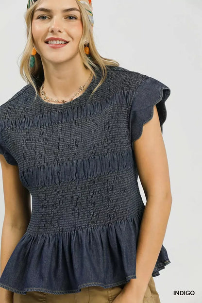 umgee smocked peplum Umgee Smocked Peplum Top with Scalloped Ruffle Cap Sleeves view 4 (top) - shop at us.meeeshop