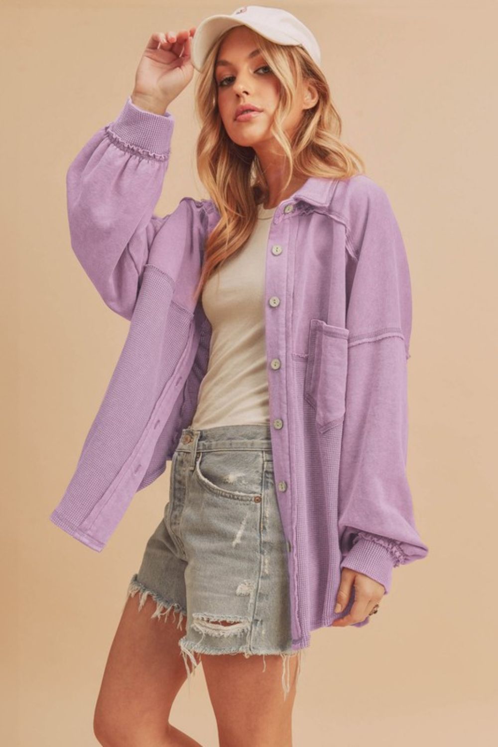 Aemi + Co Acid Washed Exposed Seam Button Up Jacket in Lilac - us.meeeshop