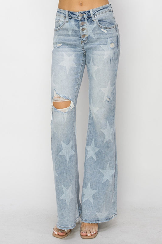 RISEN Mid Rise Button Fly Start Print Flare Jeans | us.meeeshop