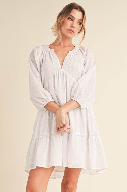 Aemi + Co Notched Balloon Sleeve Tiered Mini Dress - us.meeeshop