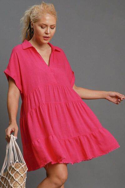 Umgee Raw Hem Folded Sleeve Tiered Dress Plus Size - us.meeeshop