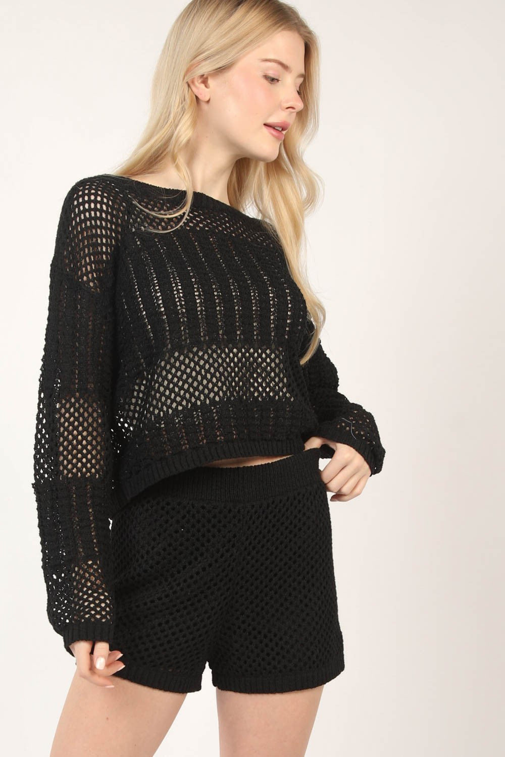 VERY J Openwork Cropped Cover Up and Shorts Set | us.meeeshop