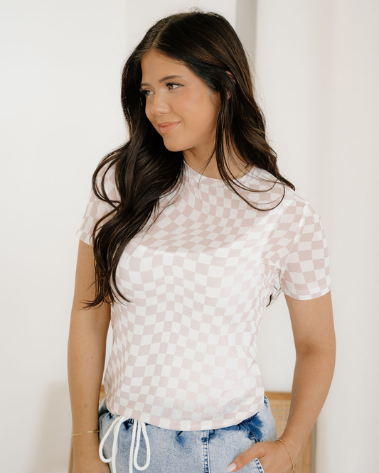 short sleeve checkered Short Sleeve Checkered Mesh Crew T Shirt - Khaki Khaki (top) - shop at us.meeeshop