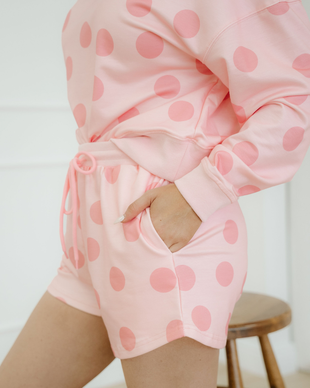 kaylee polka dot Kaylee Polka Dot Print Drop Shoulder Pullover Drawstring Shorts Set - Pink view 6 (bottom) - shop at us.meee