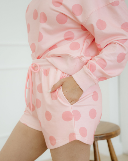 kaylee polka dot Kaylee Polka Dot Print Drop Shoulder Pullover Drawstring Shorts Set - Pink view 6 (bottom) - shop at us.meee