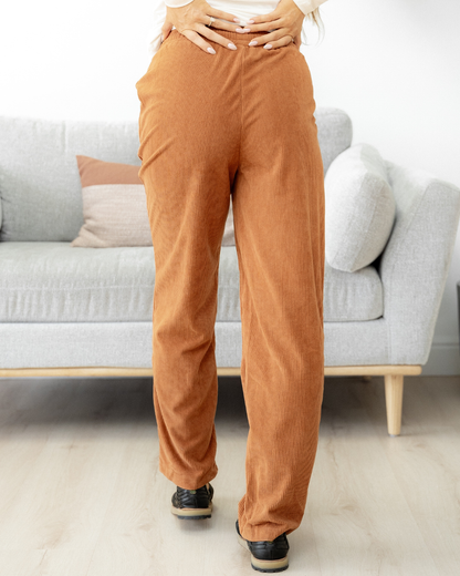 Eloise Drawstring Elastic Waist Casual Corduroy Pants - Chestnut