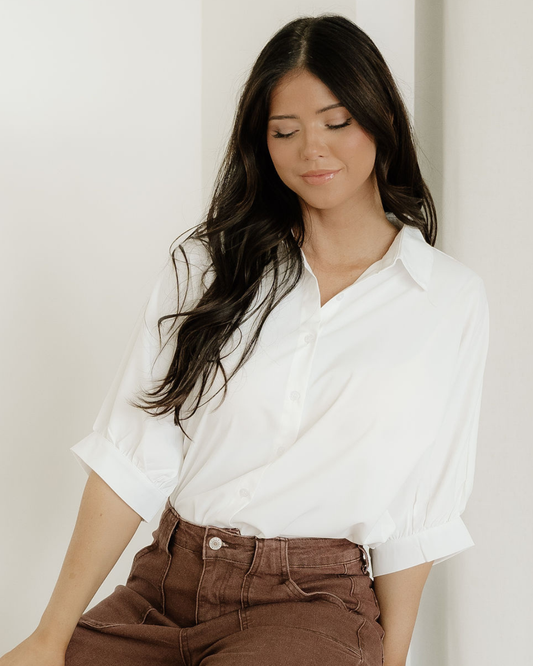 wrenlee plain batwing Wrenlee Plain 3/4 Batwing Sleeve Oversize Button up Blouse - White White (top) - shop at us.meeeshop