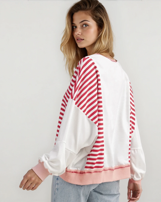 sophie striped colorblock Sophie Striped Colorblock Patchwork Oversized Sweatshirt - Red view 2 (top) - shop at us.meeeshop