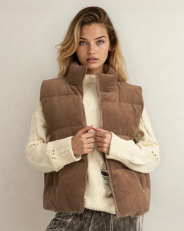 Scottie Solid Color Corduroy Puffer Vest Coat - Coffee