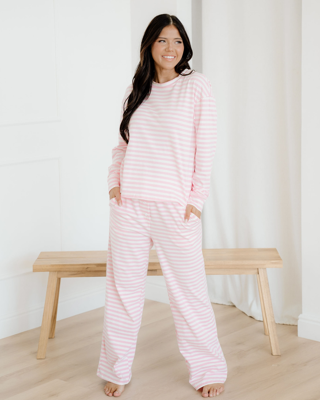 thea stripe drop Thea Stripe Drop Shoulder Round Neck Top and Buttoned Straight Pants Two Piece Set view 2 (top) - shop at us