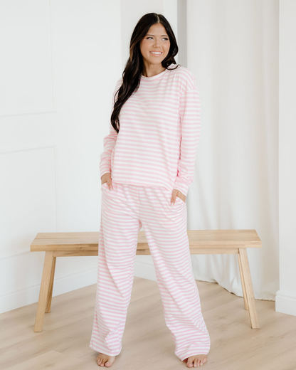 thea stripe drop Thea Stripe Drop Shoulder Round Neck Top and Buttoned Straight Pants Two Piece Set view 2 (top) - shop at us