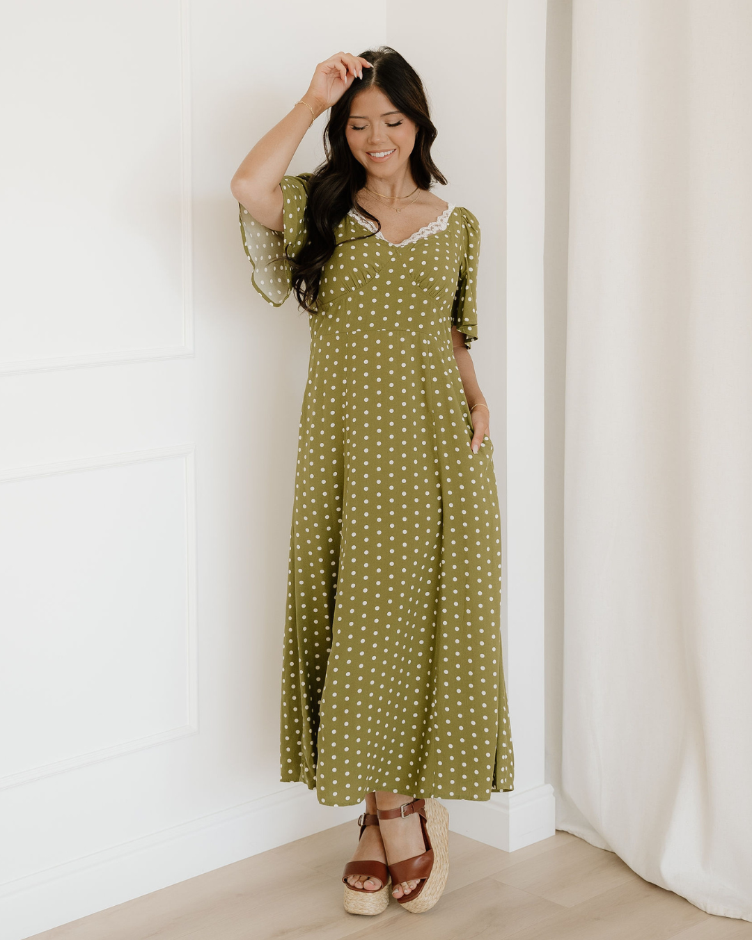 maleah polka dot Maleah Polka Dot Print Lacy Neckline Smocked High Waist Maxi Dress view 3 (dress) - shop at us.meeeshop