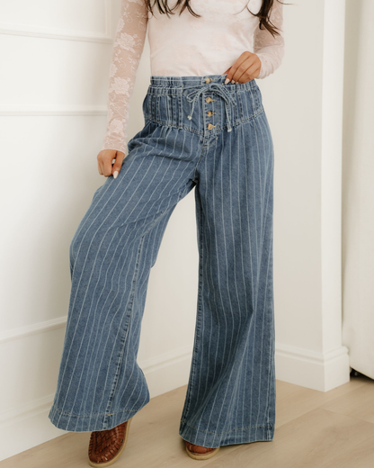 cora stripe button Cora Stripe Button Pleated Drawstring Waist Casual Wide Leg Jeans view 6 (bottom) - shop at us.meeeshop