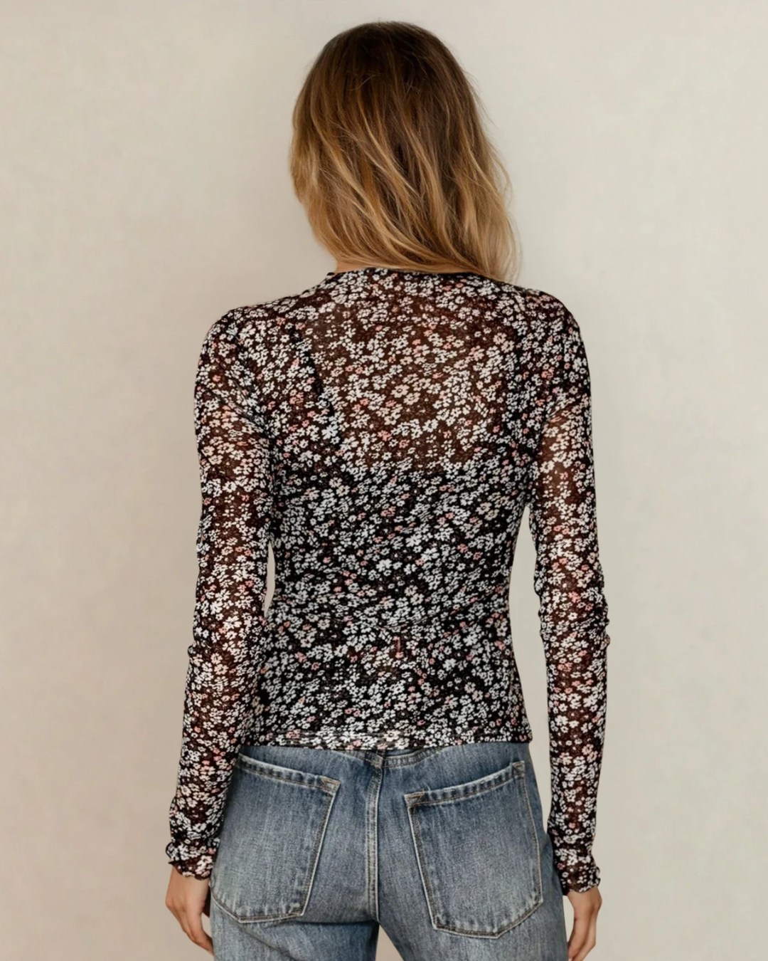 vera ditsy floral Vera Ditsy Floral Mesh Thumbhole Sleeve Slim Fit Top view 5 (top) - shop at us.meeeshop