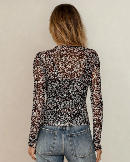 vera ditsy floral Vera Ditsy Floral Mesh Thumbhole Sleeve Slim Fit Top view 5 (top) - shop at us.meeeshop