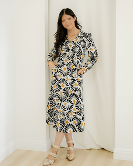 Lucille Abstract Floral Print Split V Neck Long Dress with Sleeves