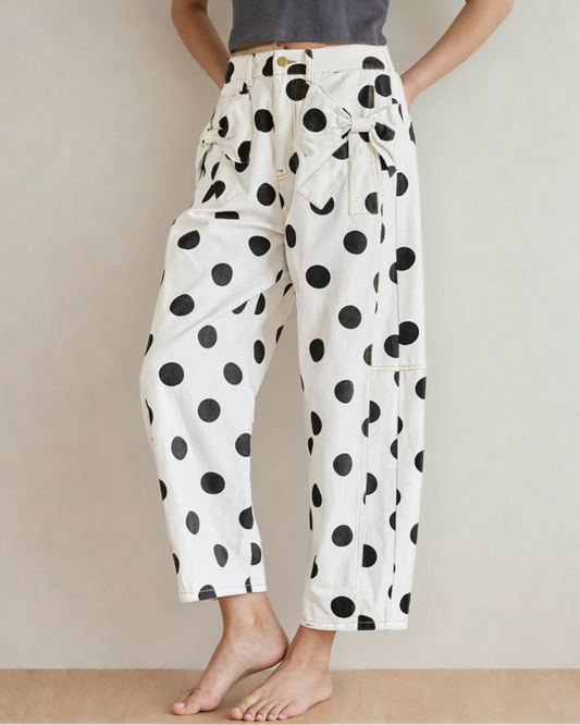 polka dot print Polka Dot Print Bow Detail Pocketed Jeans White (bottom) - shop at us.meeeshop