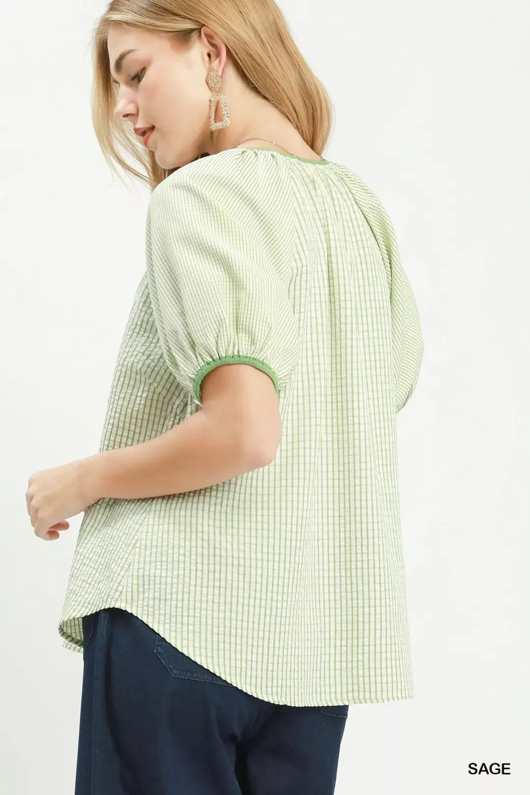 umgee checker puff Umgee Checker Puff Sleeve Button Front Blouse view 3 (top) - shop at us.meeeshop