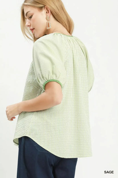 umgee checker puff Umgee Checker Puff Sleeve Button Front Blouse view 3 (top) - shop at us.meeeshop