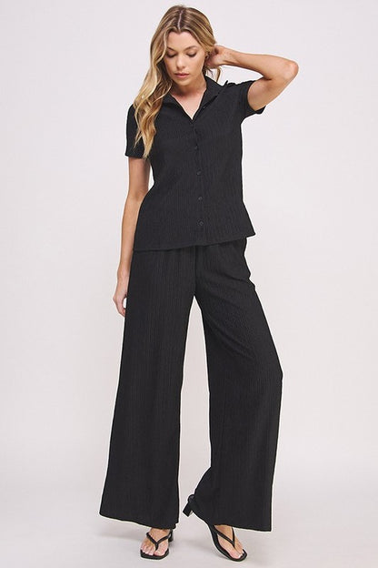 Textured Short Slv Button Down/wide Leg Pants Set (women's outfit sets) view 12 - shop at us.meeeshop