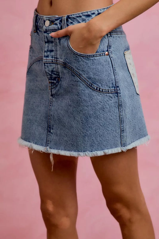 SO ME Washed Denim Floral Contrast Pockets Mini Skirt (women's skirts) view 2 - shop at us.meeeshop