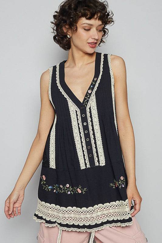 POL Embroidered Lace Detail V-Neck Sleeveless Top - us.meeeshop