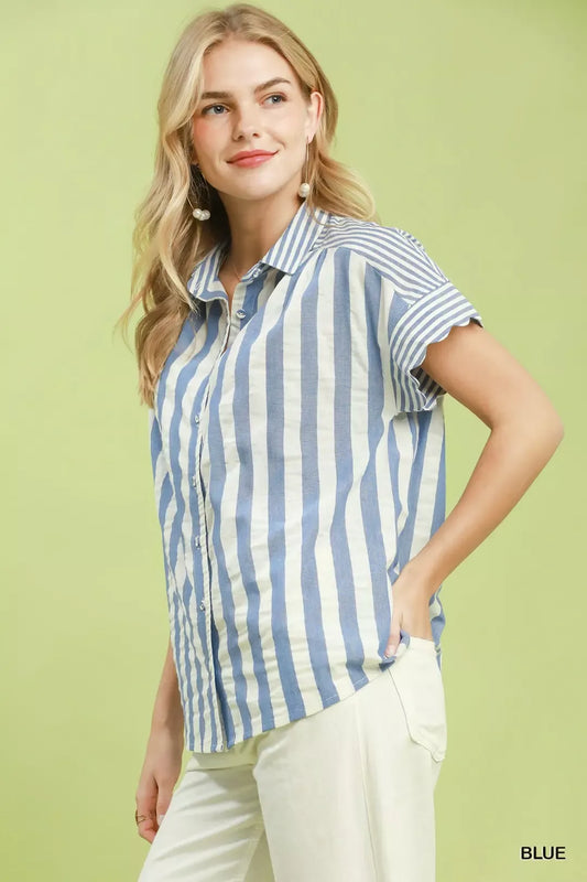 umgee striped button Umgee Striped Button Front Flutter Sleeve Top view 2 (top) - shop at us.meeeshop
