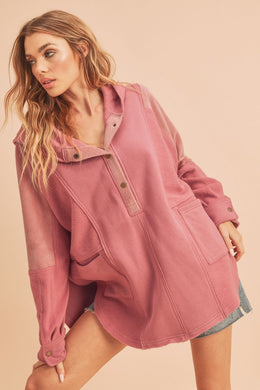 Aemi + Co Slit Half Snap Oversize Hoodie in Berry