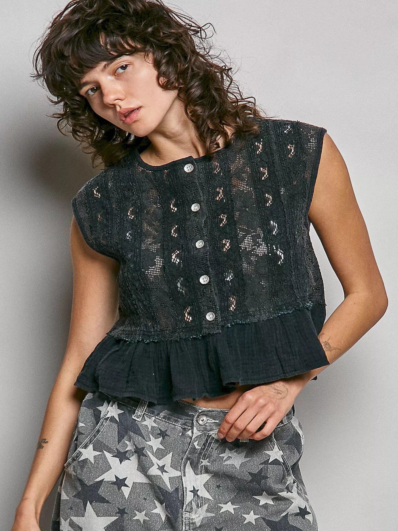 pol round neck Pol Round Neck Lace Sleeveless Top with Double Gauze Ruffle view 2 (top) - shop at us.meeeshop