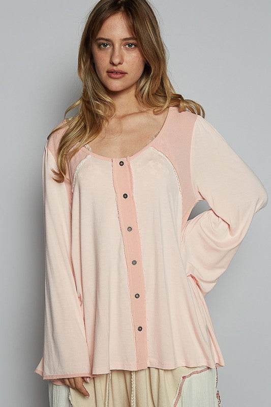 POL Contrast Button Front Long Sleeve Knit Top in Apricot - us.meeeshop