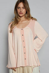 POL Contrast Button Front Long Sleeve Knit Top in Apricot