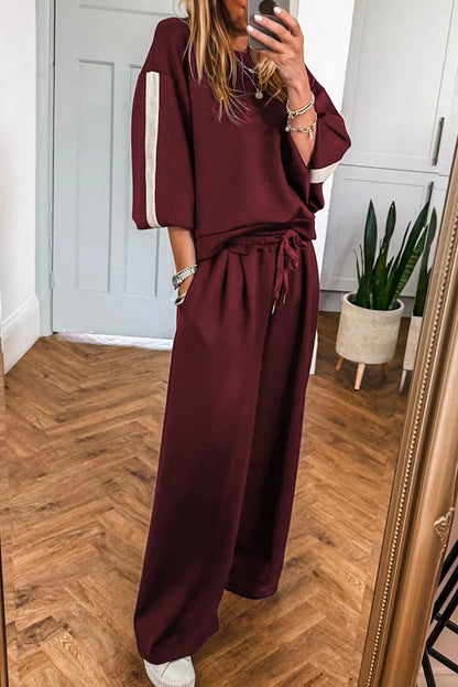 phoebe varsity striped Phoebe Varsity Striped 3/4 Sleeve Pullover Drawstring Sweatpants Set Burgundy (bottom) - shop at us.me