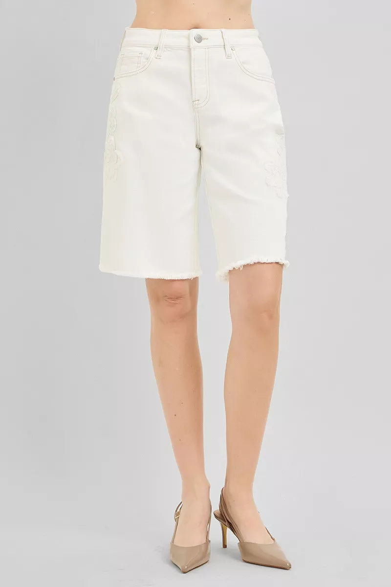 risen slouchy relaxed Risen Slouchy Relaxed Floral Embroidered Bermuda Denim Shorts view 5 (bottom) - shop at us.meeeshop