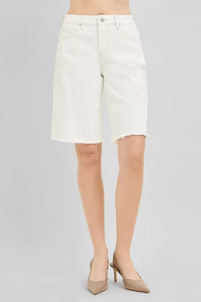 risen slouchy relaxed Risen Slouchy Relaxed Floral Embroidered Bermuda Denim Shorts view 5 (bottom) - shop at us.meeeshop