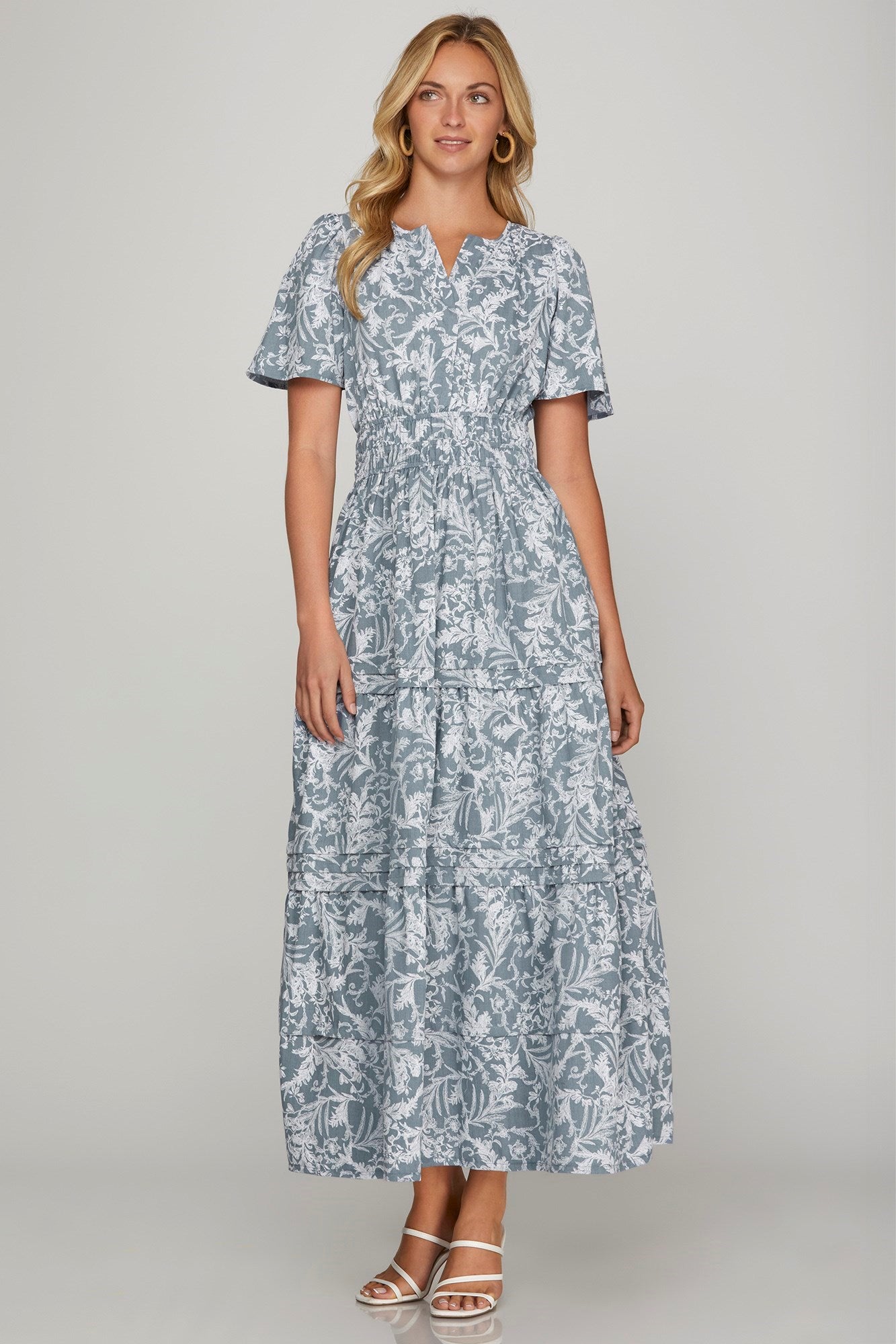 She + Sky Printed Notched Woven Tiered Pintuck Maxi Dress with Side Pockets in Air Force Blue - us.meeeshop