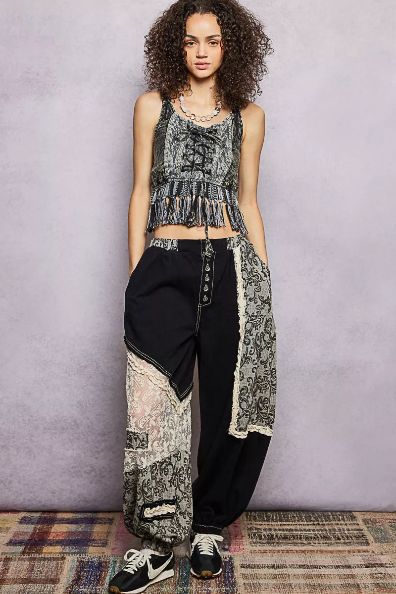 pol lace fringe Pol Lace-up Fringe Hem Tank with Lace Detail view 5 (top) - shop at us.meeeshop