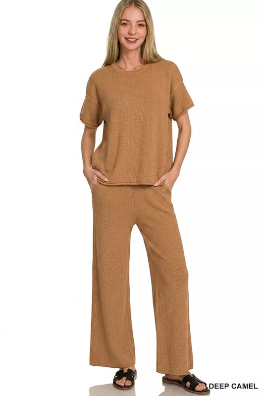 zenana viscose round Zenana Viscose Round Neck Top & Pants Set DEEP CAMEL (top) - shop at us.meeeshop
