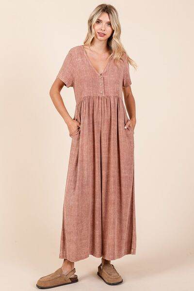 Mittoshop Mineral Wash Short Sleeve Flowy Wide Leg Jumpsuit - us.meeeshop