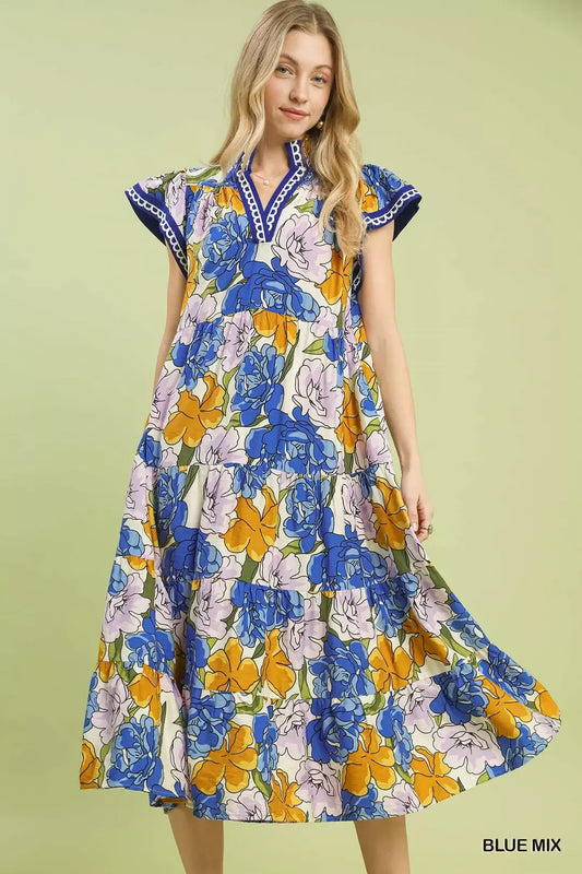 umgee mix bold Umgee Mix Bold Floral Tiered Midi Dress BLUE MIX (dress) - shop at us.meeeshop