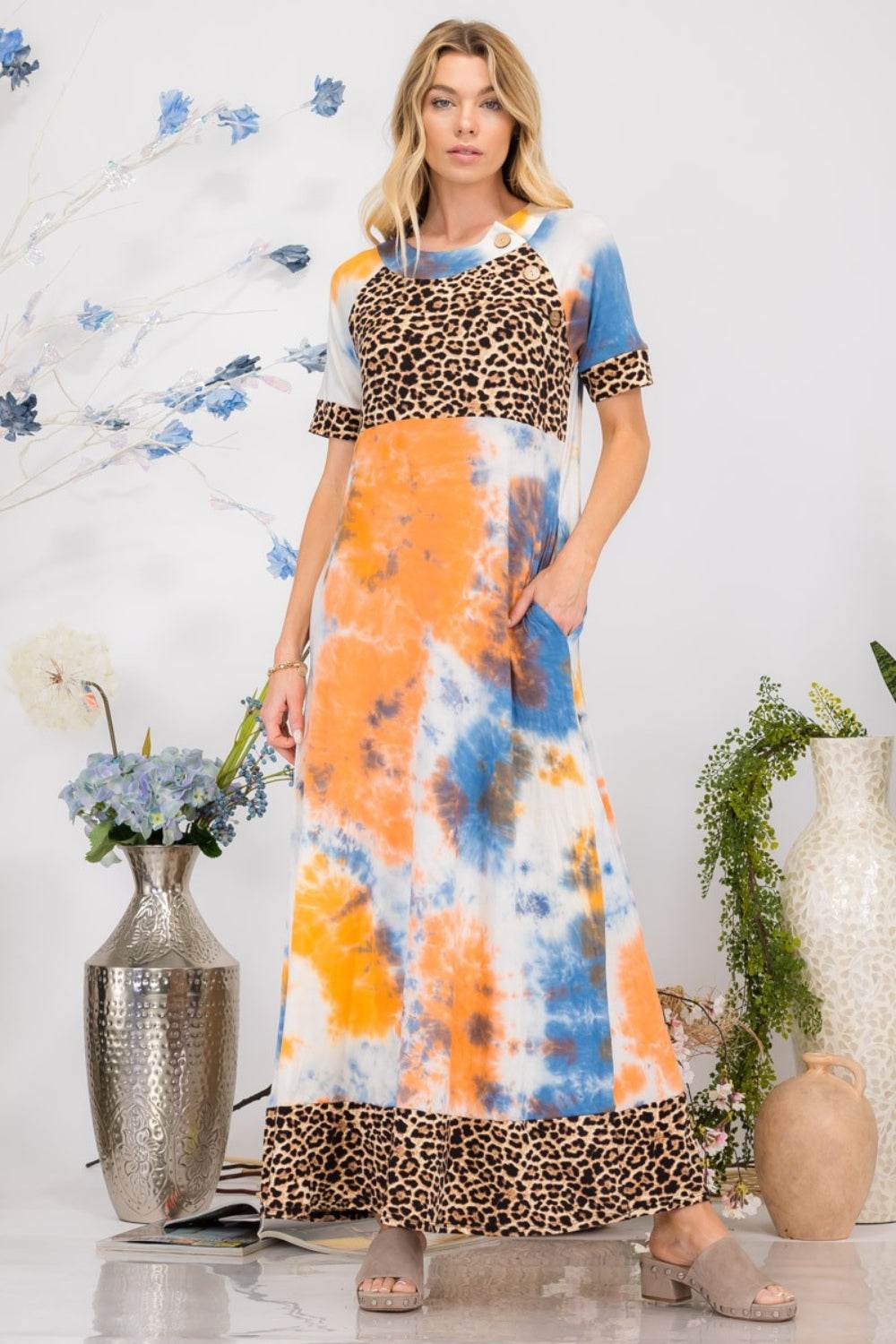 Celeste | Leopard Tie-Dye Button Detail Short Sleeve Maxi Dress Plus Size - us.meeeshop